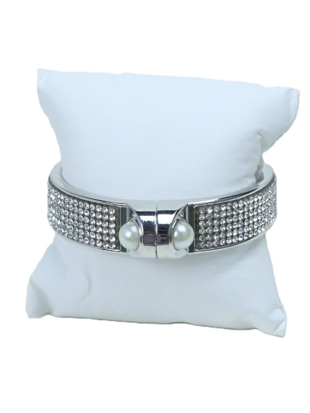 Silver-Tone Rhinestone Cuff Bracelet with Faux Pearls